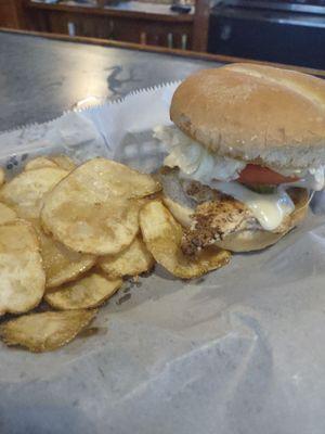 Blackened chicken sandwich with house fries