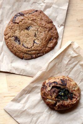 Spelt Chocolate Chip Cookies ($2.50) and Smoked Malt Potato Knish ($3.50)