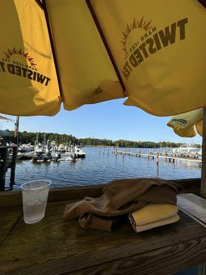 The view from the outdoor bar patio