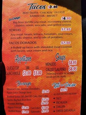 Back of menu