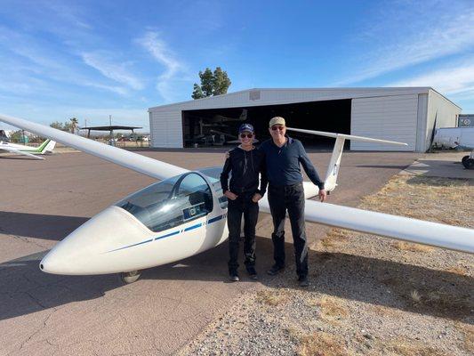 My instructor Dak and I stand in front of one of ARIZONA SOARING's ASK-21 gliders after a great day in the air.