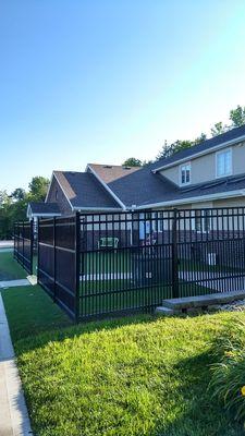 The front enclosed dog yard with turf