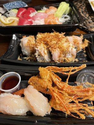 From back- sashimi, crispy yellowtail tataki roll, and sweet shrimp sushi