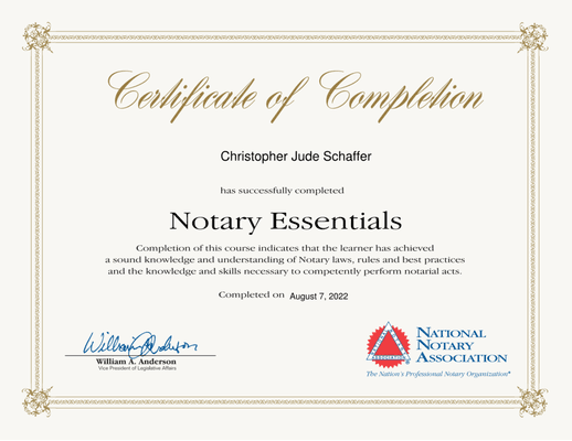 National Notary Association Training. Christopher Jude Schaffer, Notary Public