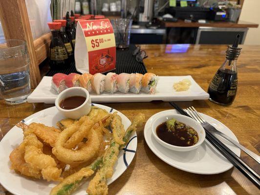 Shrimp and veggie tempura ($11) and Ocean roll ($15)