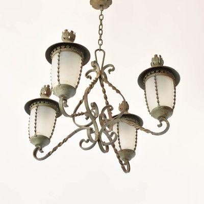 Vintage French Iron Chandelier with Lanterns on 4 arms