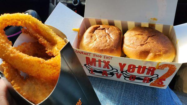 Beef sliders, American cheese with a side of very Crispy Onion Rings