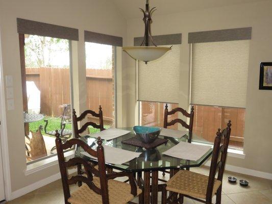 Hunter Douglas Cordless Roller Shades with Valances were the perfect choice for this Katy home.  Beautiful and functional!