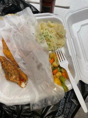 Creole Perch, Vegetables, and Garlic Mashed Potatoes