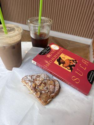 Almond croissant, iced chai, cold brew