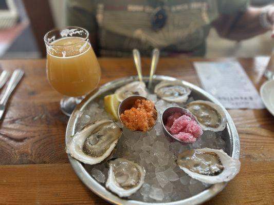 Oysters with kimchi ice and red onion ice