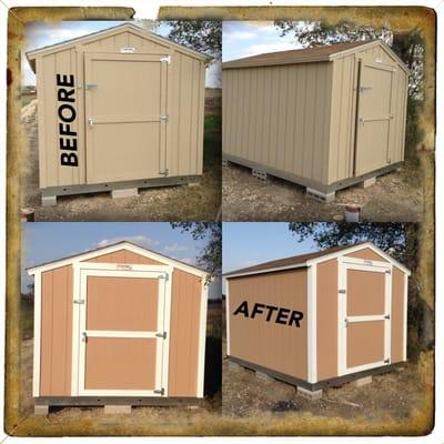 A prefabricated shed that we painted t in the country. Gave this bland shed a new makeover.