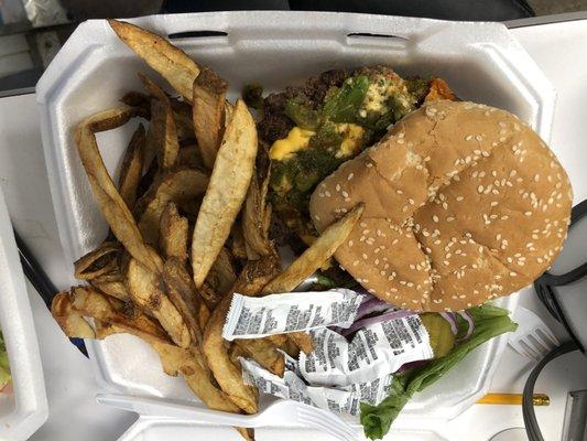 Cheeseburger w/chopped green chili /FF