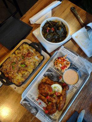 Vegan Mac, collards, catfish bites.