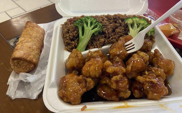 General Tso's chicken, pork fried rice, and egg roll