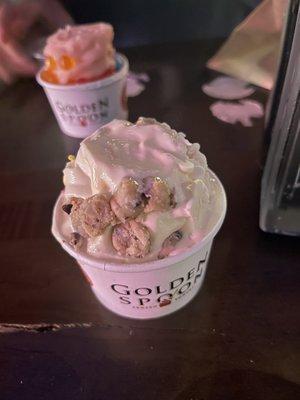 Small Cup Cake Batter Frozen Yogurt With Cookie Dough Bites, Almonds, Yogurt Chips, and Rainbow Sprinkles