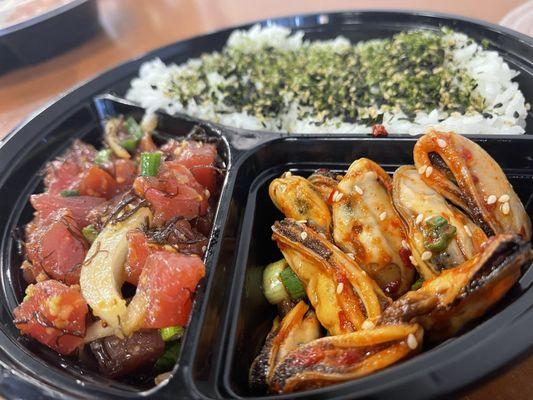 Kimchi Mussels and Limi Ahi bowl with Furikake.