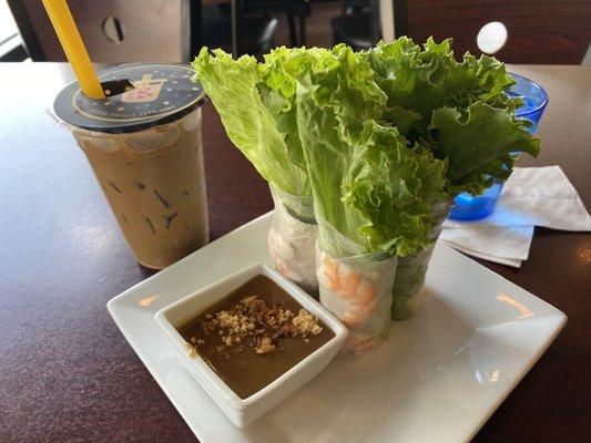 B11. Vietnamese iced Coffee & A4. Fresh Spring Rolls with Pork and Shrimp