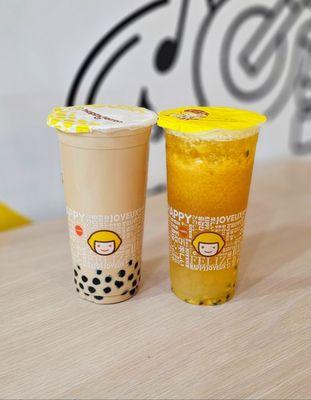 Boba milk tea and passionfruit mango green tea