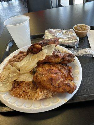 This is the #2 on the menu  3 pieces of chicken with rice and beans