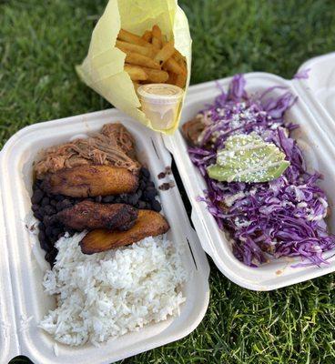 Ropa Vieja Bowl (left) and Carne Patacon (right) with seasoned french fries