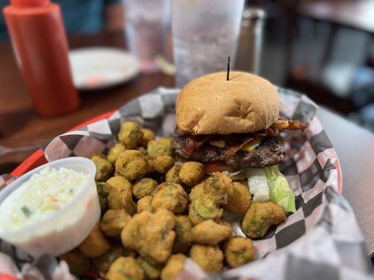 Steeplechase Burbon Burger w fried okra