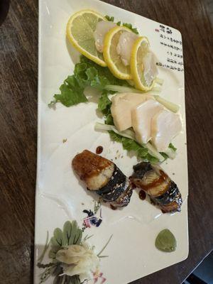 Scallops and White tuna sashimi, and sea eel sushi