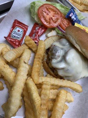 Mushroom Swiss burger with fries