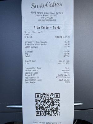 Receipt for for cupcakes at an in-store visit