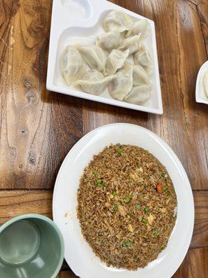 Soy sauce fried rice and pork/leek dumplings