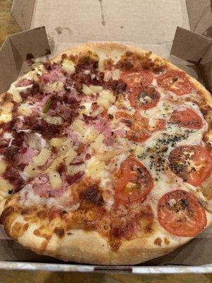 1/2 margarita pizza 1/2 ham,pineapple, bacon