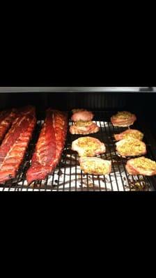 Smoked Stuffed Porkchops and slabs of Ribs!