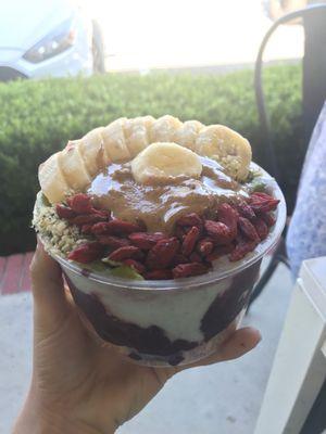 Acai, Blue Malik, and Matcha bases with banana, hemp seeds, goji berries and almond butter