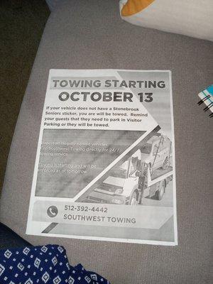 Parking flyer handed out to residents.