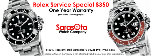 In-house full Rolex service with 1 year warranty! Call (941) 953-1315 or Email Info@sarasotawatch.com