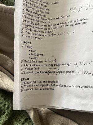 The inspection checklist with the "battery" portion right under the front heading.