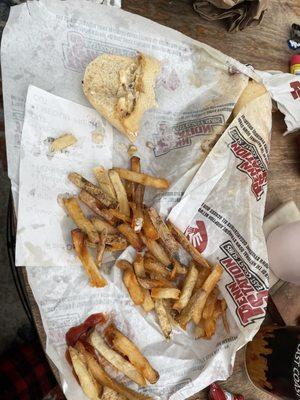 Half Philly Cheesesteak and overcooked fries