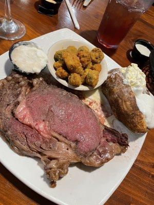 12oz prime rib, medium rare, with baked potato and okra