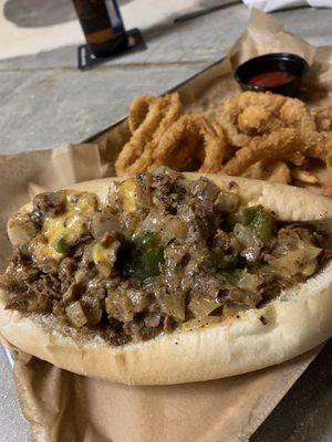 Philly Cheesesteak and onion rings