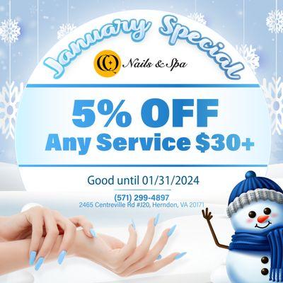 JANUARY SPECIAL
 5% OFF Any Service $30+
 Good until 01/31/2024