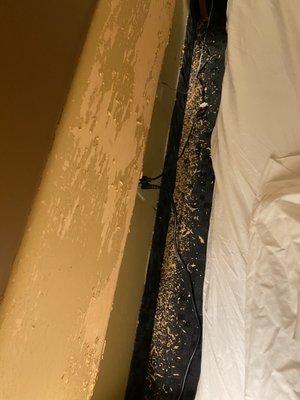 This is what the leatherette padded headboard had shed all over the floor, visible when the bed was pulled out from the wall. Unbelievable!