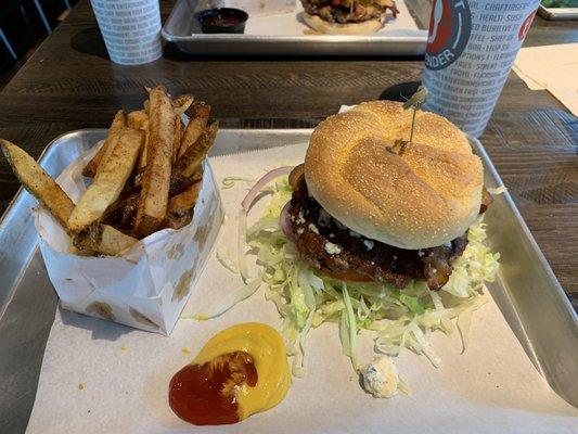 Bacon blue cheese burger and fries