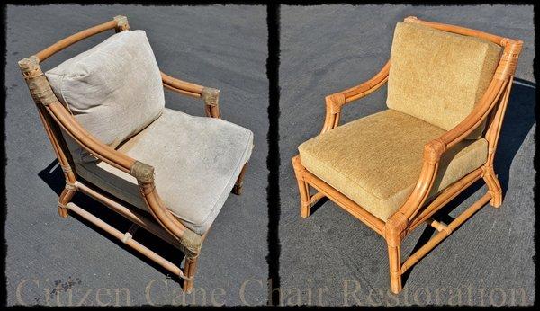 1) Vintage rattan arm chair stripped, re-bound, refinished, seat base rebuilt, cushions re-upholstered.