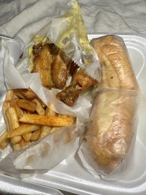 Philly Steak, 6 Atl Wings (honey mustard) & Fries