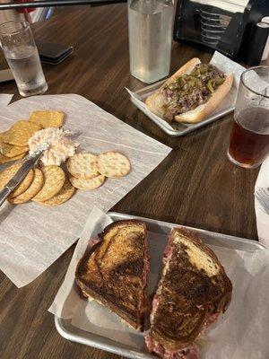 Steak sandwich, Ruben and smoked salmon dip.