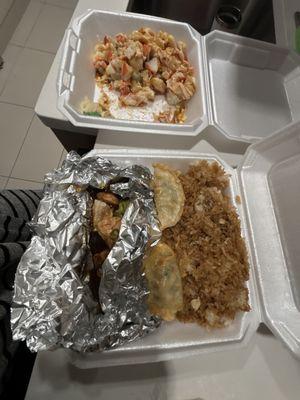 Teriyaki chicken and fried rice and a double order of the hurricane roll. So good!