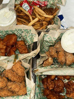 20 piece boneless wings, 4 flavors- Mango Habanero, Lemon Pepper, Garlic Parmesan, Hawaiian; with fries.