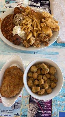 Crab cakes, okra and full net seafood platter.