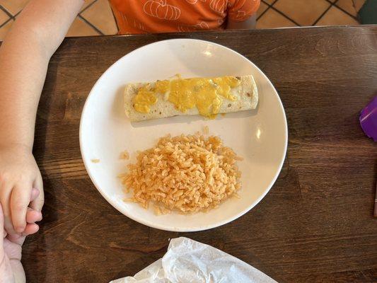 Kids bean and cheese burrito! Kids eat free kids meals on Tuesdays after 3PM!