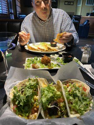 Chicken quesadillas and Spanish BBQ beef tacos